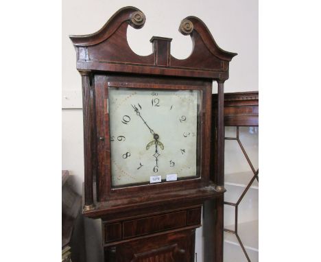 19th Century oak longcase clock having broken arch hood above a square plain white painted dial with Arabic numerals and date