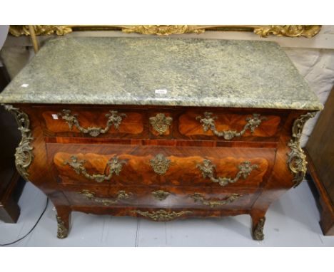 Late 19th Century French bombe shaped commode chest having green flecked marble top above two short and two long drawers with