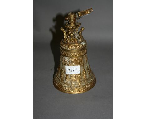Small gilt brass bell on a gimbal bracket, cast in relief with classical figures
