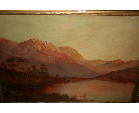 Graham Williams (aka F.E. Jamieson), oil on canvas, sunset Highland lake scene with cattle, 24ins x 36ins, gilt framed