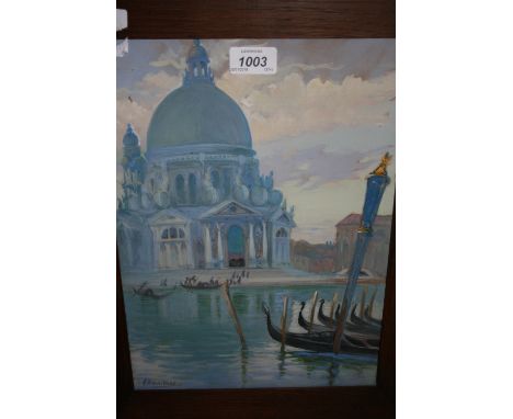 K. Airini Vane, signed gouache, boatmen off the Venice waterfront, 13.5ins x 10ins