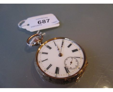 Engraved 18ct rose gold cased open face crown wind pocket watch, the enamel dial with Arabic and Roman numerals and subsidiar