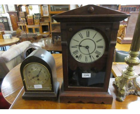Mahogany mantel clock having circular dial with Roman  numerals and two train movement striking on a gong, together with a la