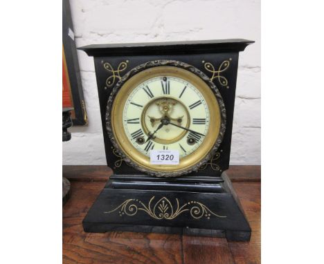 19th Century black painted metal simulated as marble two train mantel clock with a visible escapement