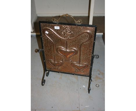 Art Nouveau embossed copper and wrought iron firescreen
