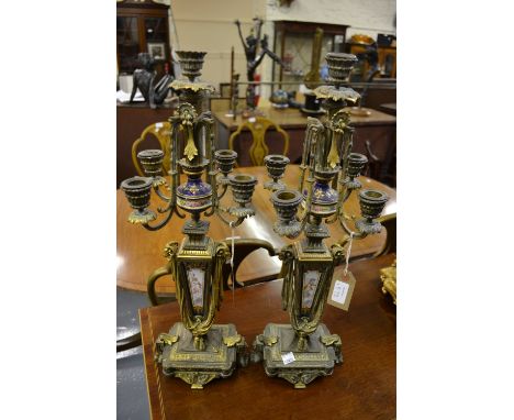 Pair of good quality 19th Century French ormolu and porcelain mounted five light candelabra