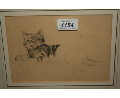 Attributed to Alfred Strutt, pencil sketch, study of a cat, 5.5ins x 7.5ins, gilt framed together with an oval mounted waterc