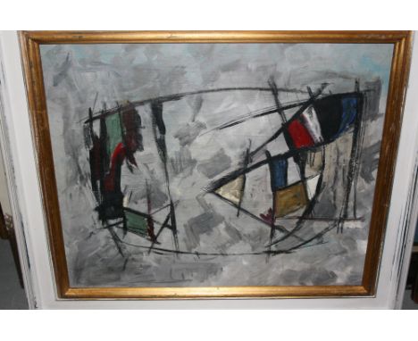 20th Century oil on board, ' Grey Abstract, No. II ', signed R. Sadler verso, 14ins x 17ins