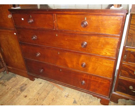 19th Century mahogany chest of two short over three long graduated drawers having knob handles and bracket feet