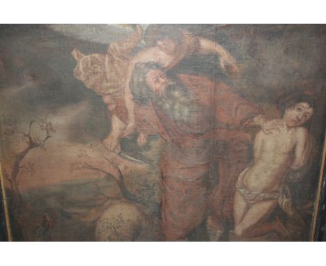 Antique oil on canvas, Old Master scene with figures in a landscape and an angel above, 30ins x 34ins