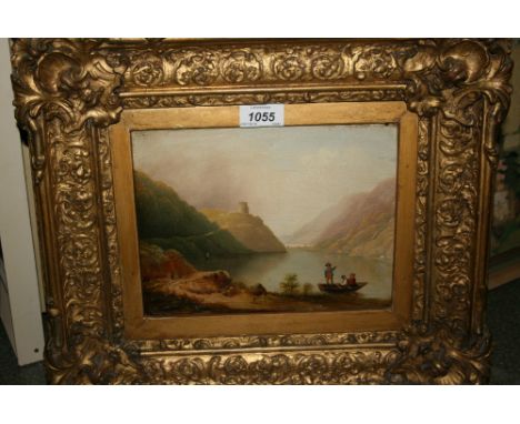 Manner of Thomas Creswick, antique oil on oak panel, loch scene with figures boating to the foreground, gilt framed, 7ins x 9