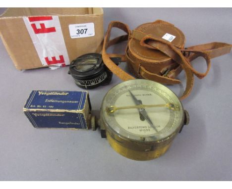 World War II mark III black Japanned compass in leather case, circular brass cased telegraph works meter, No. 1893, and a box