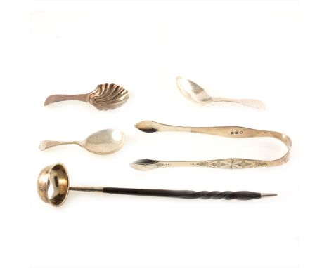 George III silver caddy spoon, Hester Bateman, London probably 1809, scallop bowl, 8cm, a Victorian Fiddle pattern caddy spoo