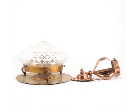 A brass mounted cut glass ceiling light, domed circular form, plaque mounting, diameter 31cm; and an Edwardian copper pendant