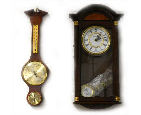 Modern mahogany London Clock Co. quartz wall clock, with Westminster chime, and a modern barometer retailed by H Samuel, both