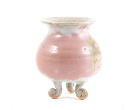 Chinese stoneware tripod censer, Northern Song style, pear-shape bowl on scrolled feet (one missing), light grey glaze with l