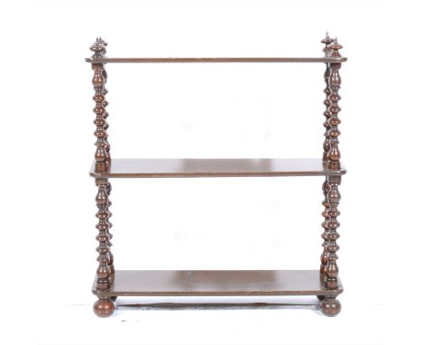 A set of stained wood three-tier wall shelves, bobbin-turned uprights, width 55cm.