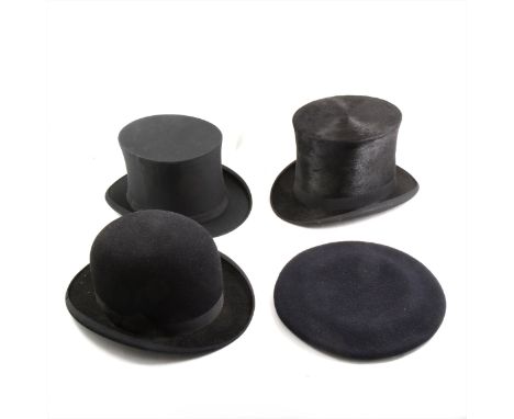 Stitched leather top hat box, stamped H B Foster, 12 Vigo St, Regents St, with top hat by R B Brown, Bradford; a Battersby &a