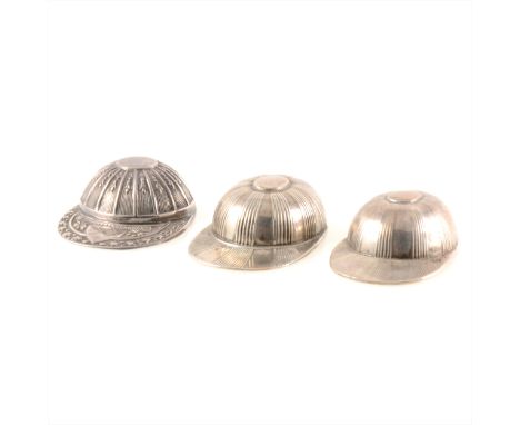 Novelty silver jockey cap caddy spoon, William Neale, Chester 1912, 5.5cm; a modern silver jockey cap caddy spoon; another wh