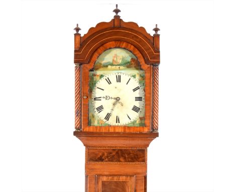 An oak and mahogany longcase clock, arched painted dial, faintly signed Josh Kern, Winset, with date aperture, thirty-hour mo