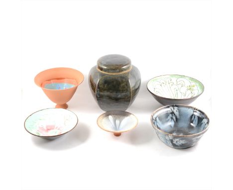 Large studio pottery stoneware covered vessel, 23cm, and five other contemporary ceramic bowls, including a terracotta body t