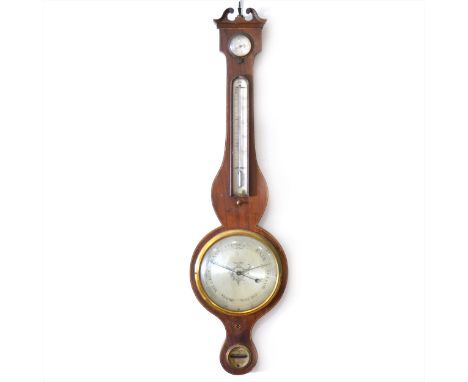 Victorian mahogany banjo-shaped wall barometer by Thomas Haynes, Blandford, boxwood outline, silver dial, 97cm, damaged.