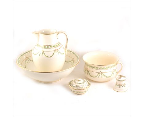 A Copeland Spode five-piece toilet set, retailed by Thomas Goode, with simple leaf borders and swags enclosed by gilt borders