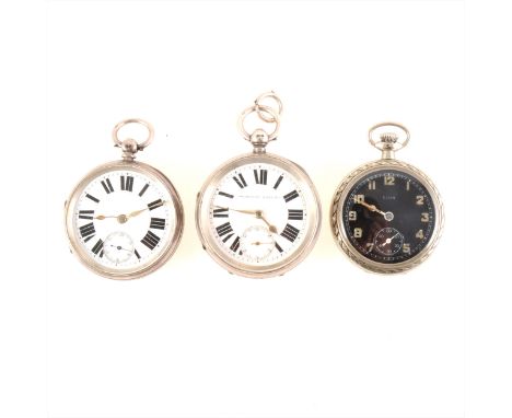 Two silver open faced pocket watches and a metal Elgin pocket watch, the silver pocket watches having white enamel dials with