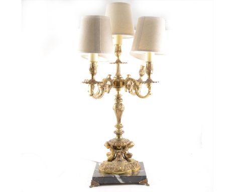 Reproduction French gilt metal and marble five light table lamp, with shades, height 58cm.