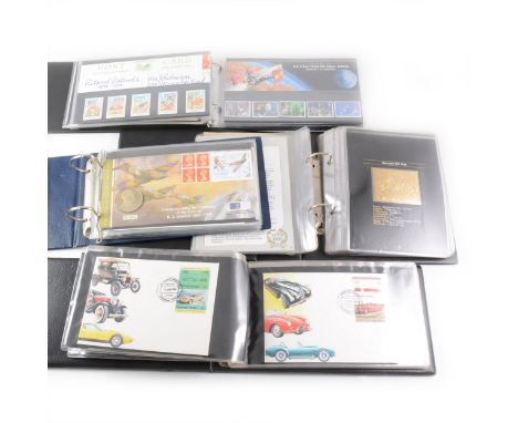Collection of stamps and first day covers, mostly British railway themed and motor car themed issues.