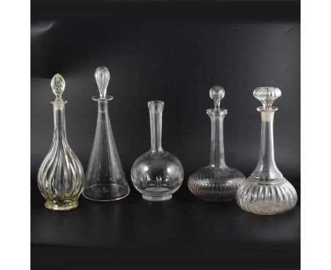 Edwardian etched glass decanter and stopper, conical form, 34cm; water jugs; Edwardian globe and wine decanters; Victorian an