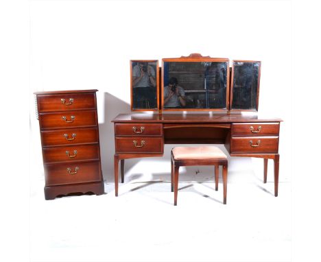 A stained wood six-piece bedroom suite, labelled William Lawrence, comprising a double wardrobe, with a centre mirror panel, 