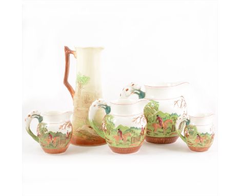 Set of four Wedgwood graduated jugs, Dye Ken John Peel hunting pattern, largest 18cm, and a Doulton hunting jug, as found. (Q