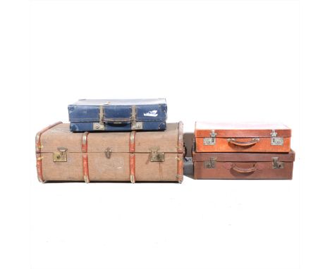 Two vintage leather suitcases; a cloth suitcase and a trunk, (4).