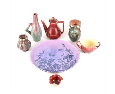 Linthorpe Pottery, six assorted items, including vase, ewer, teapot (model 1561), sugar bowl (model 1039), charger with print