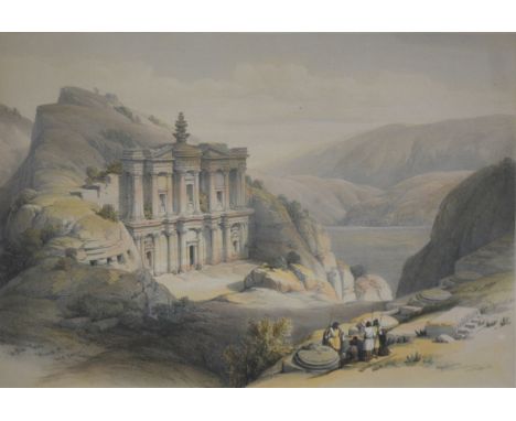 After David Roberts, El Deir, Petra, colour lithograph with blindstamp, 54cm x 39cm; another, Excavations at the Eastern end 