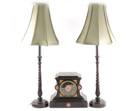 French black marble and inlaid mantel clock, white enamel dial, movement by Marti &amp; Cie, striking on a bell, 21cm; and a 