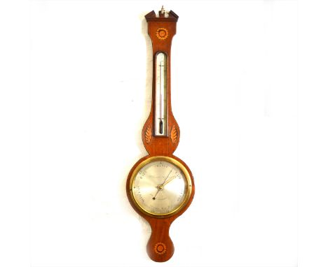 An inlaid mahogany banjo-shape wall barometer, silvered plate signed P. Premoli, Sheffield, thermometer over, 101cm.