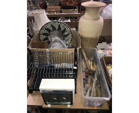 TUB OF TOOLS/ LARGE VASE/ BOX OF BRASS/ PLATE RACK