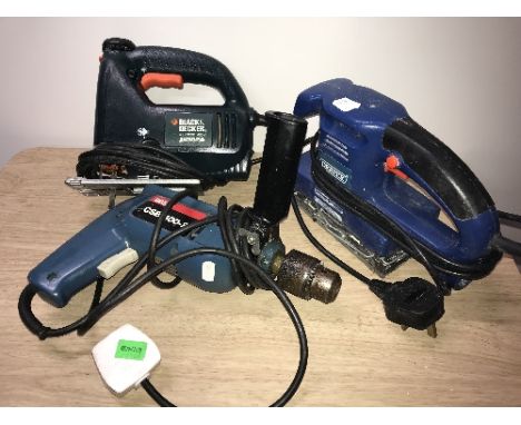 1 BOX OF 3 ELECTRICAL TOOLS BOSCH DRILL/ DRAPER SANDER / BLACK AND DECKER SAW