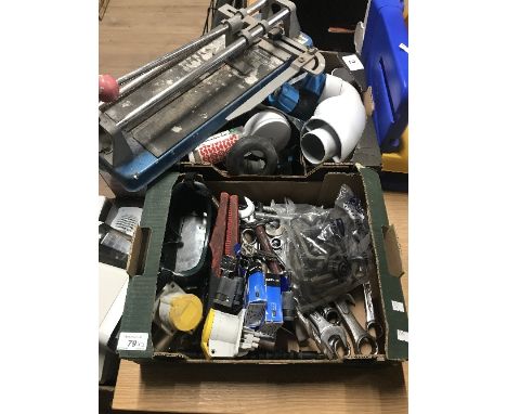 2 BOXES OF TOOLS TILE CUTTER ETC