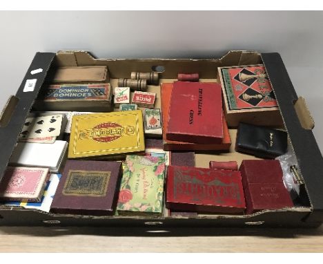 1 BOX OF BOARD GAMES, PLAYING CARDS AND DOMINOS