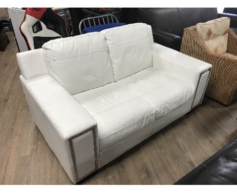 WHITE LEATHER MODERN ART DECO STYLE SOFA WITH CHROME INSERTS