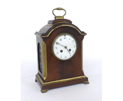 French mahogany two train mantel clock striking on a gong, the 4" convex white dial within a rounded arched stepped case surm