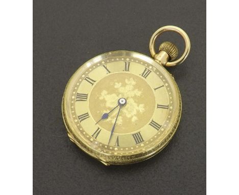 14k engraved lever fob watch, gilt three-quarter plate movement, the gilt dial with Roman numeral chapter enclosing a foliate