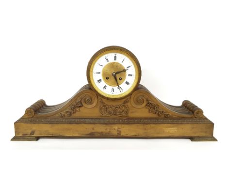 French gilt metal two train drumhead mantel clock striking on a gong, the 5.5" white chapter ring enclosing an engine turned 