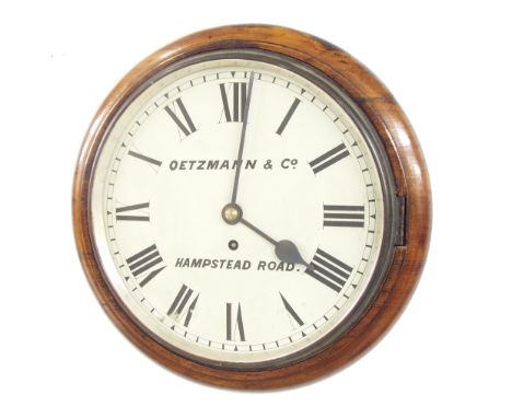 Mahogany single fusee 12" wall dial clock signed Oetzmann & Co, Hampstead Road, within a turned surround (pendulum)