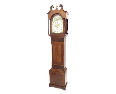 Mahogany thirty hour longcase clock, the 12" rural painted arched dial signed S. Shortman, Newnham to the centre under a cale