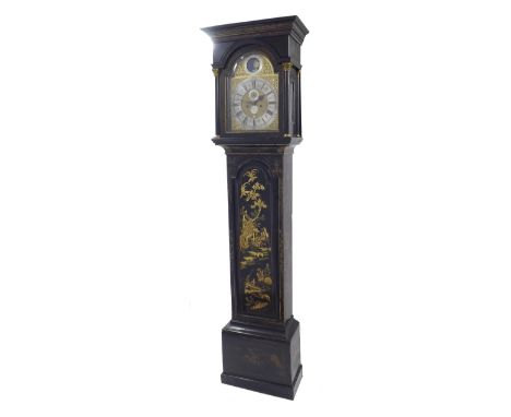 Black chinoiserie decorated eight day longcase clock, the 12" brass arched dial signed Wilson, London on a silvered plaque to