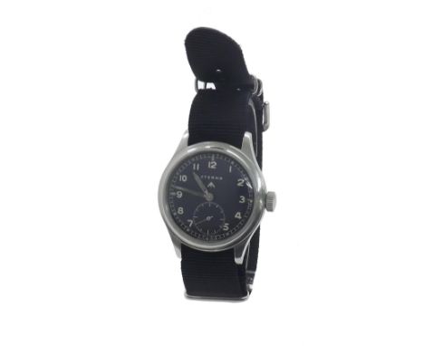 Eterna British Military issue stainless steel gentleman's wristwatch, the black dial with Arabic numerals, luminous dot marke